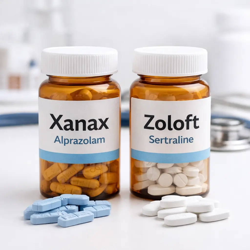 Xanax vs Zoloft comparison showing alprazolam and sertraline prescription medications