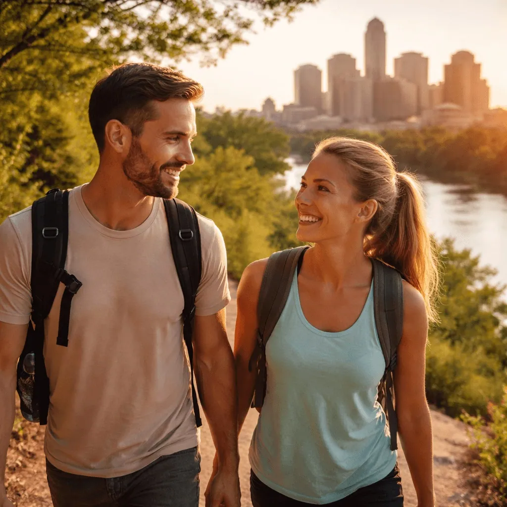 An illustration of two people walking a riverside trail at sunset with a city skyline behind them.