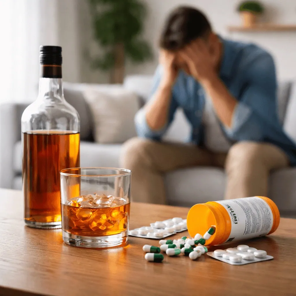 A whiskey bottle and glass beside a spilled prescription bottle, with a man sitting behind them holding his head in his hands.