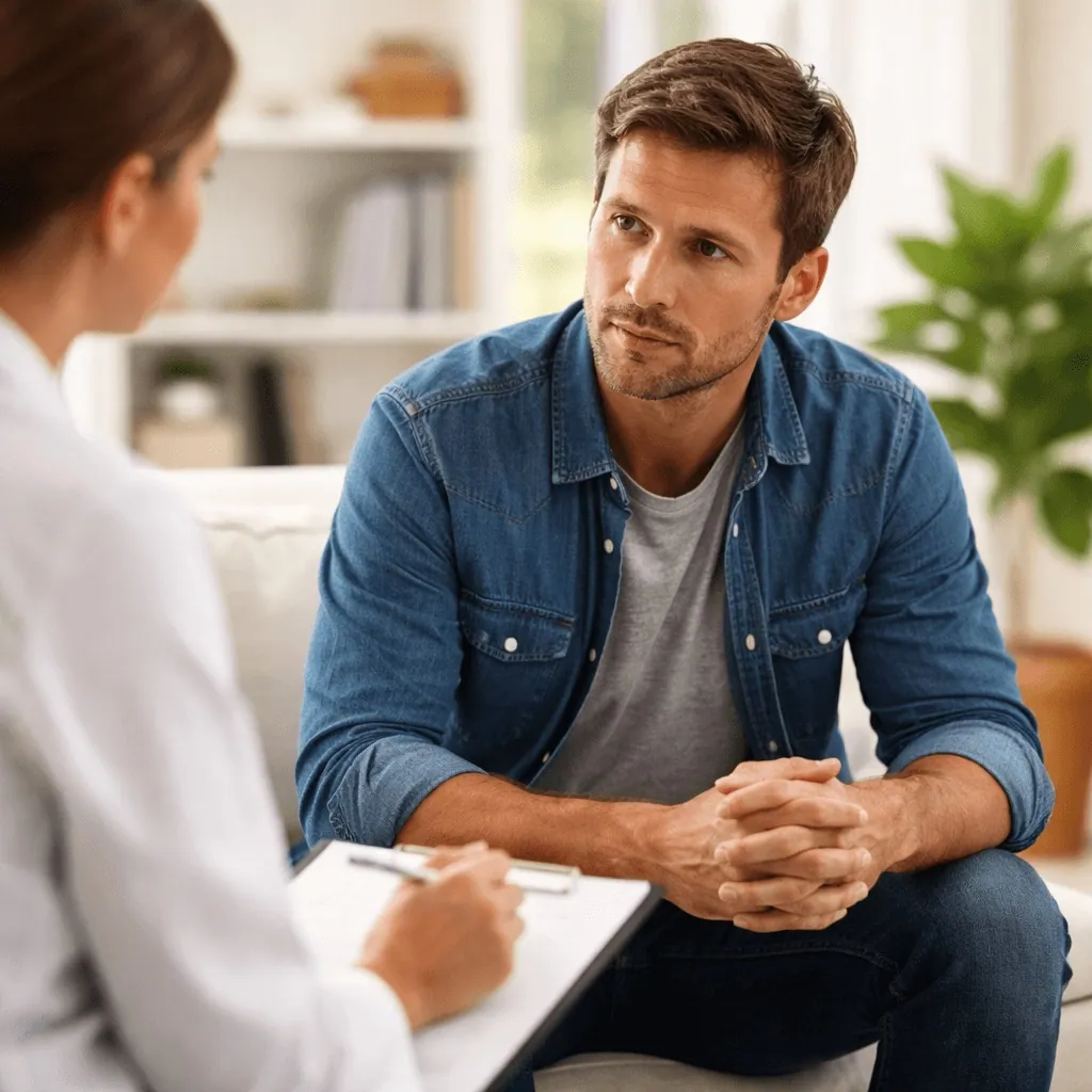 Man speaking with a healthcare professional during a medically supervised alcohol detox consultation focused on alcohol withdrawal and recovery support.